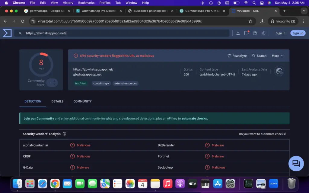 virus total repot for https://gbwhatsappapp.net/ 